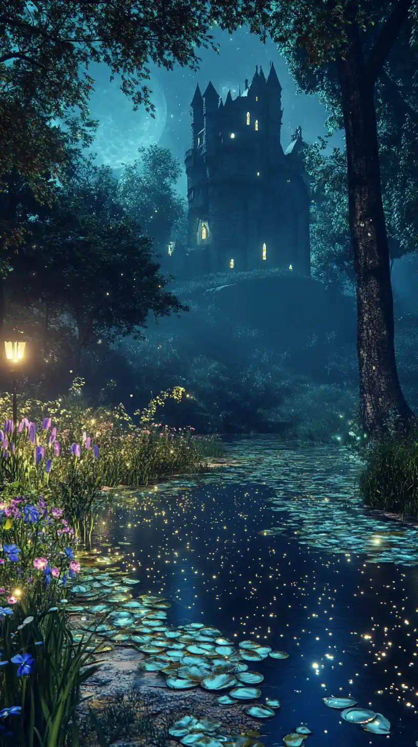 Moonlit castle garden with pond and glowing foliage