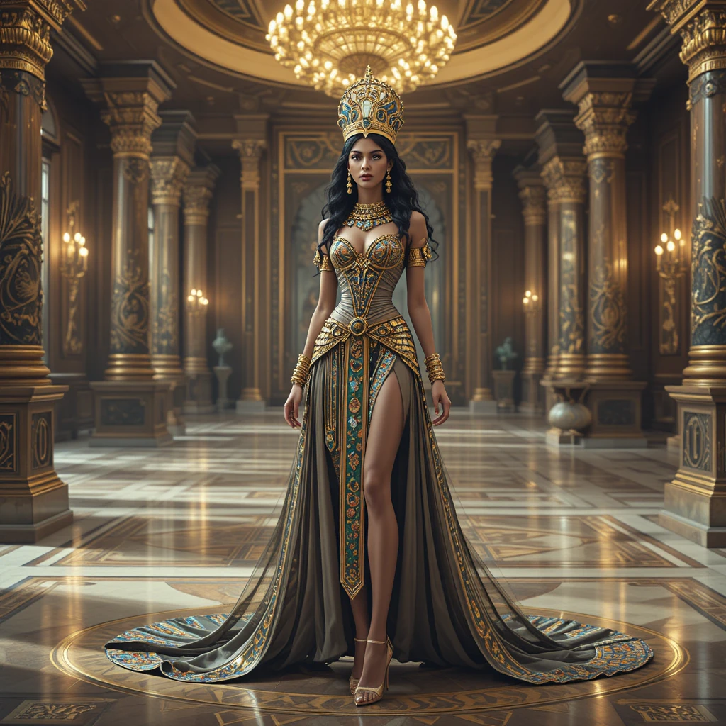 Elegant Egyptian queen in heels in ornate ballroom