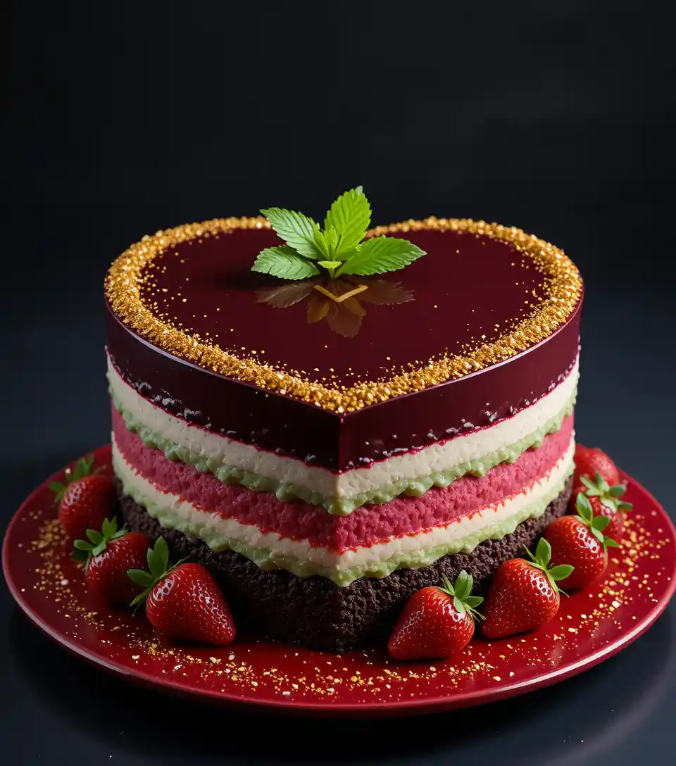 Heart shaped mousse cake with strawberries and gold details