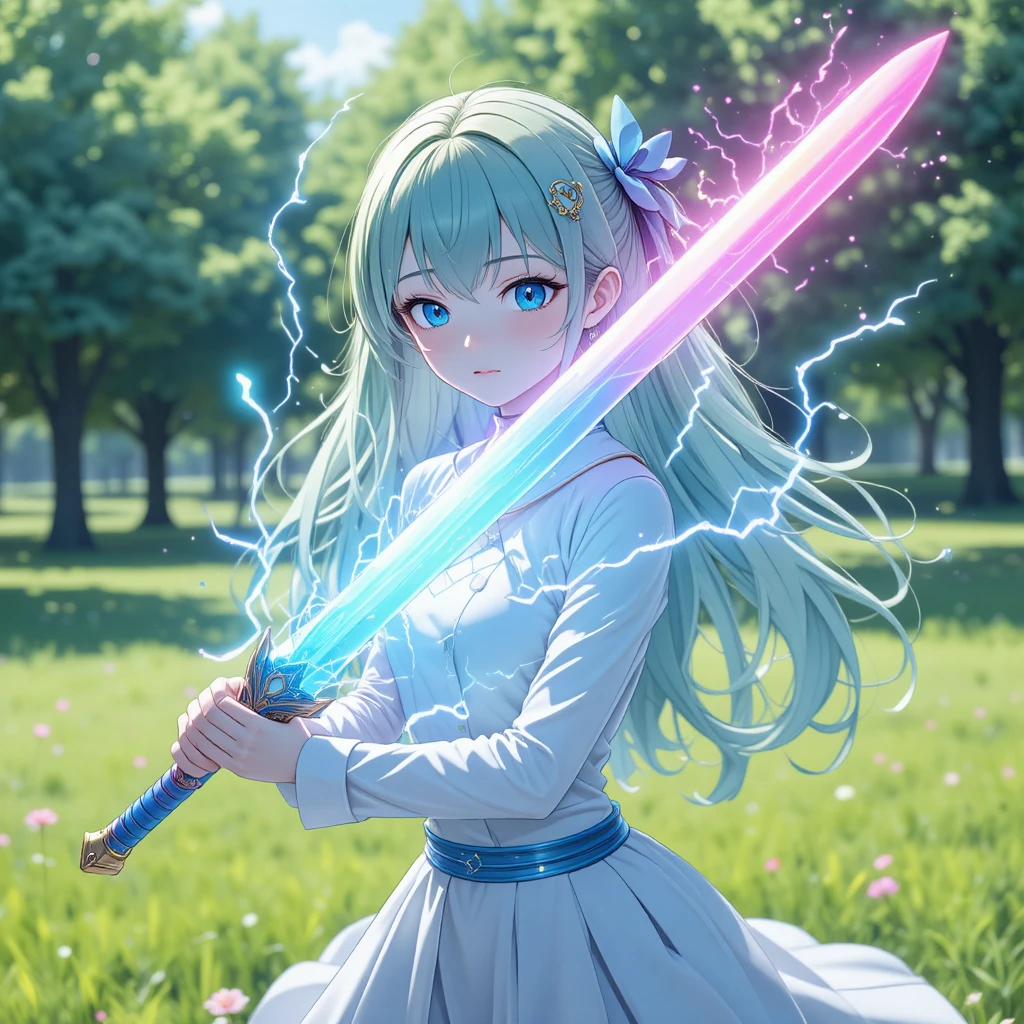 Anime-Mädchen mit Regenbogen-Blitzschwert auf grüner Wiese