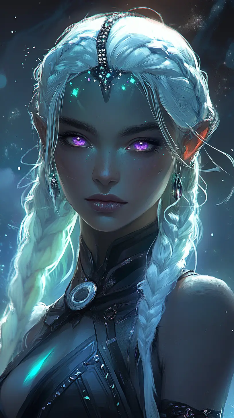 Alien princess in a shimmering gown on lunar ruins