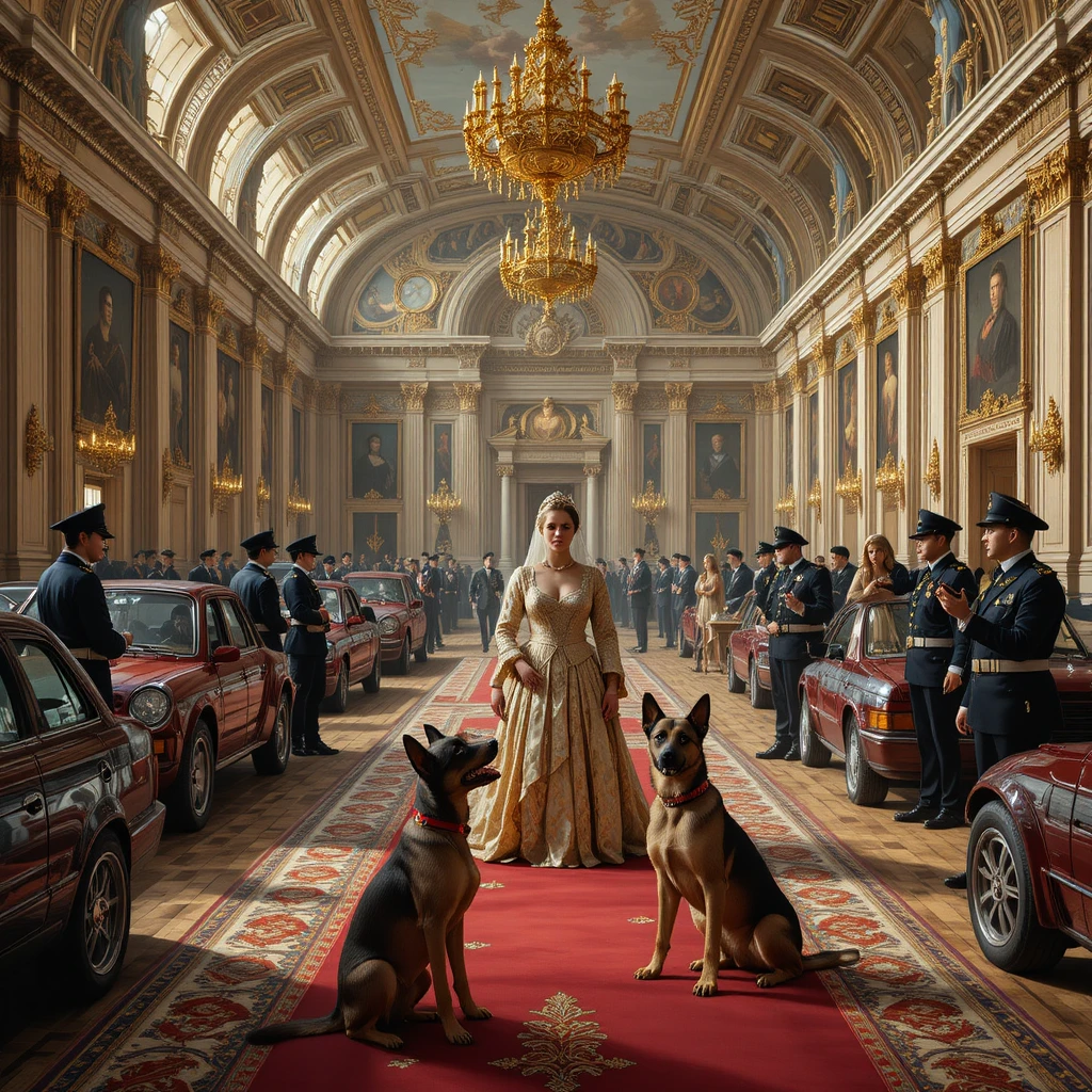 Royal palace courtyard with queens kings guards and cars