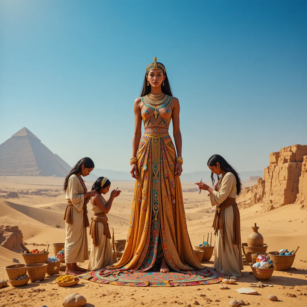 Egyptian queen dressed on a sunlit desert plateau