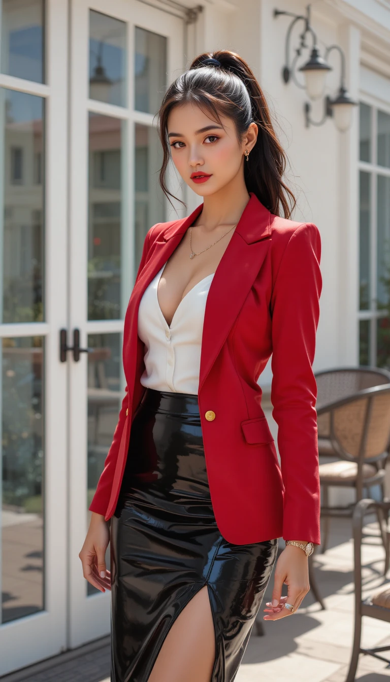 Elegant woman in red jacket on sunny outdoor patio