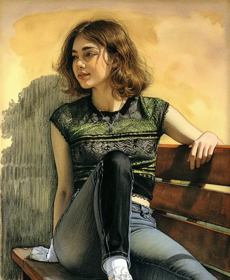 Young woman sitting sideways on a wooden park bench
