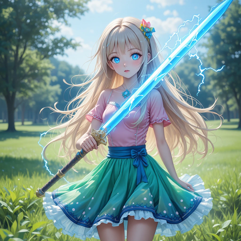 Anime girl with rainbow power sword in green field