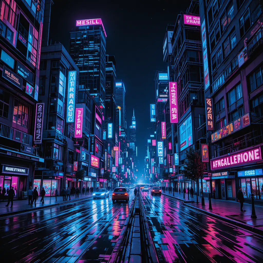 Thermal style night cityscape with bold linear skyscrapers