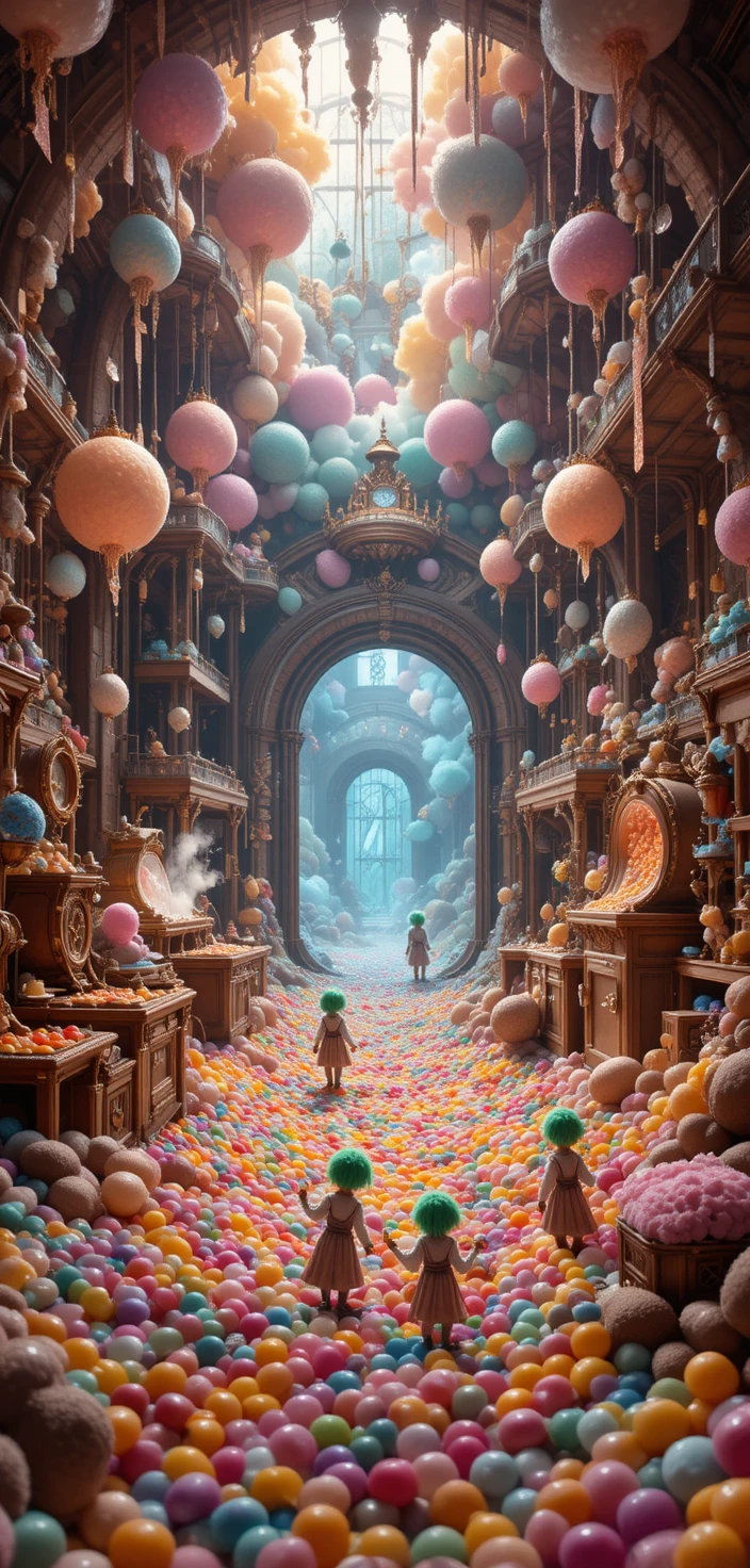 Golden gate opening into a fantastical candy invention hall