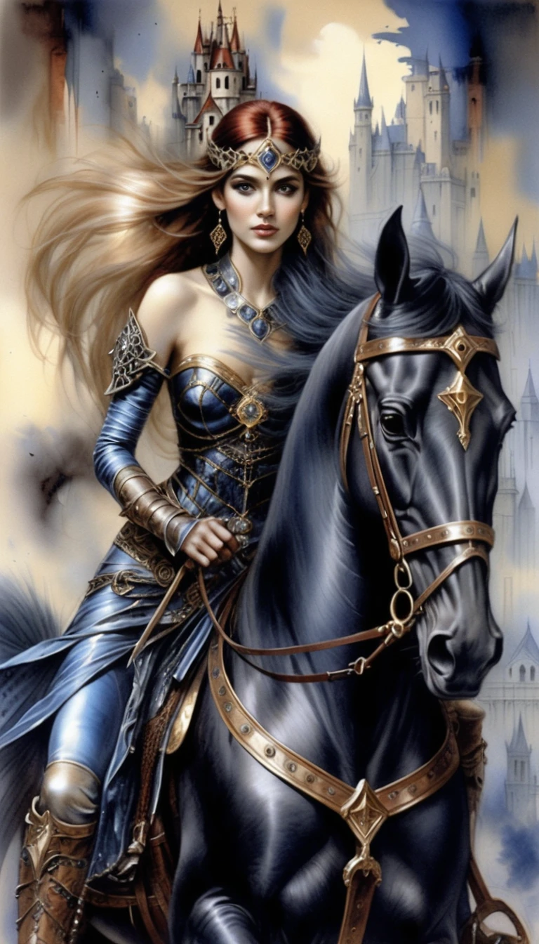 Dark fantasy warrior queen on horseback before ruined castle