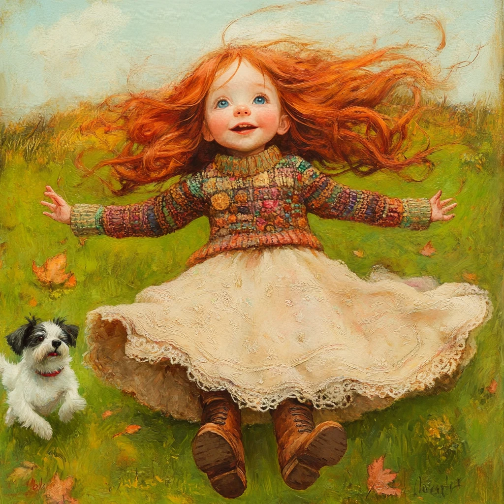 Red haired girl leaping in a field with terrier