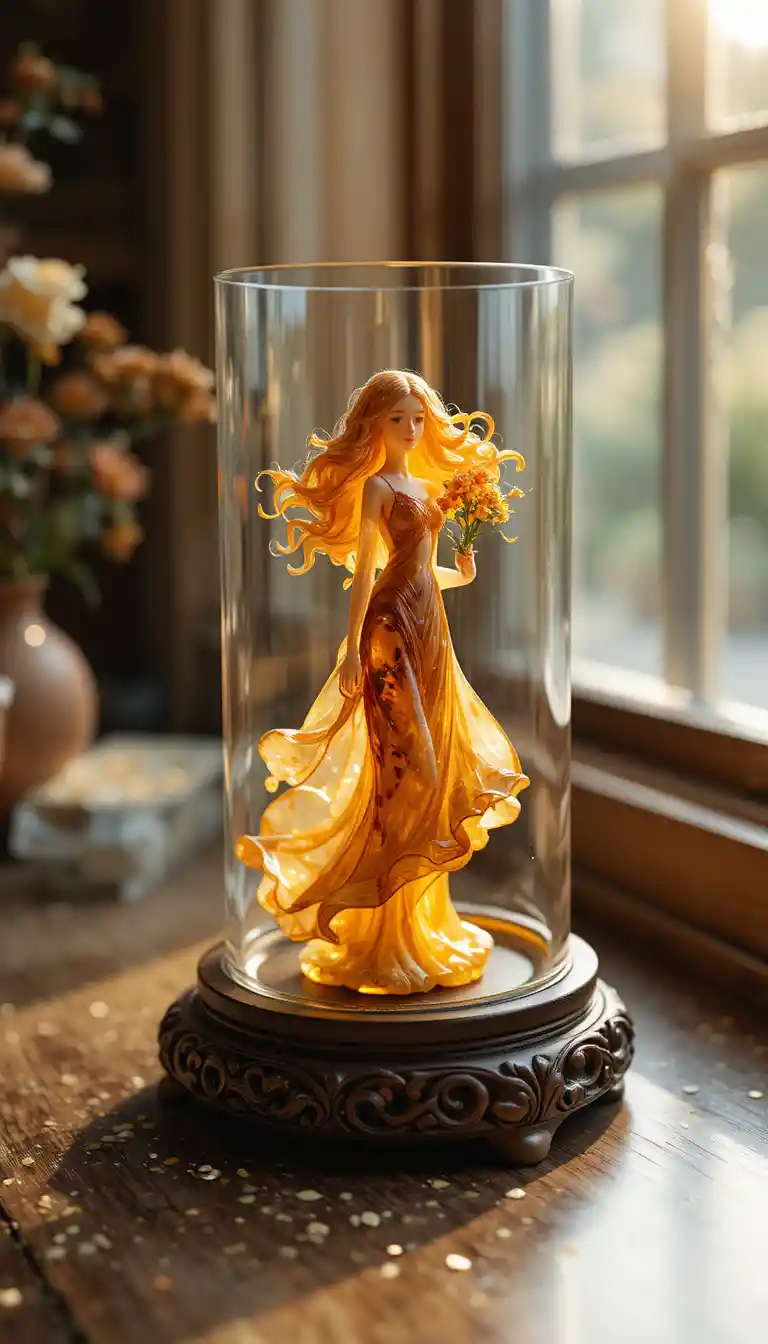 Figurine de fille ambrée dans un cube de verre au matin