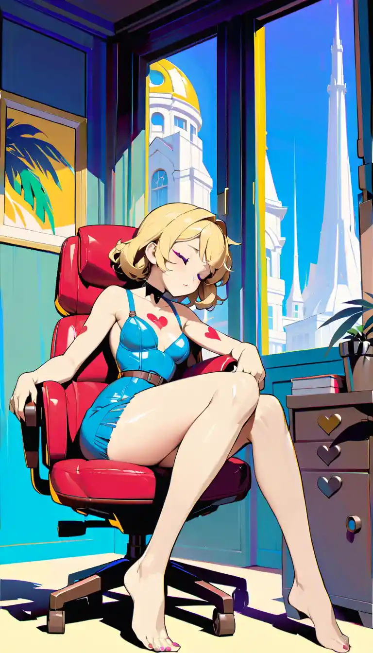 Femme blonde dormant sur une chaise de bureau à côté d’un palmier