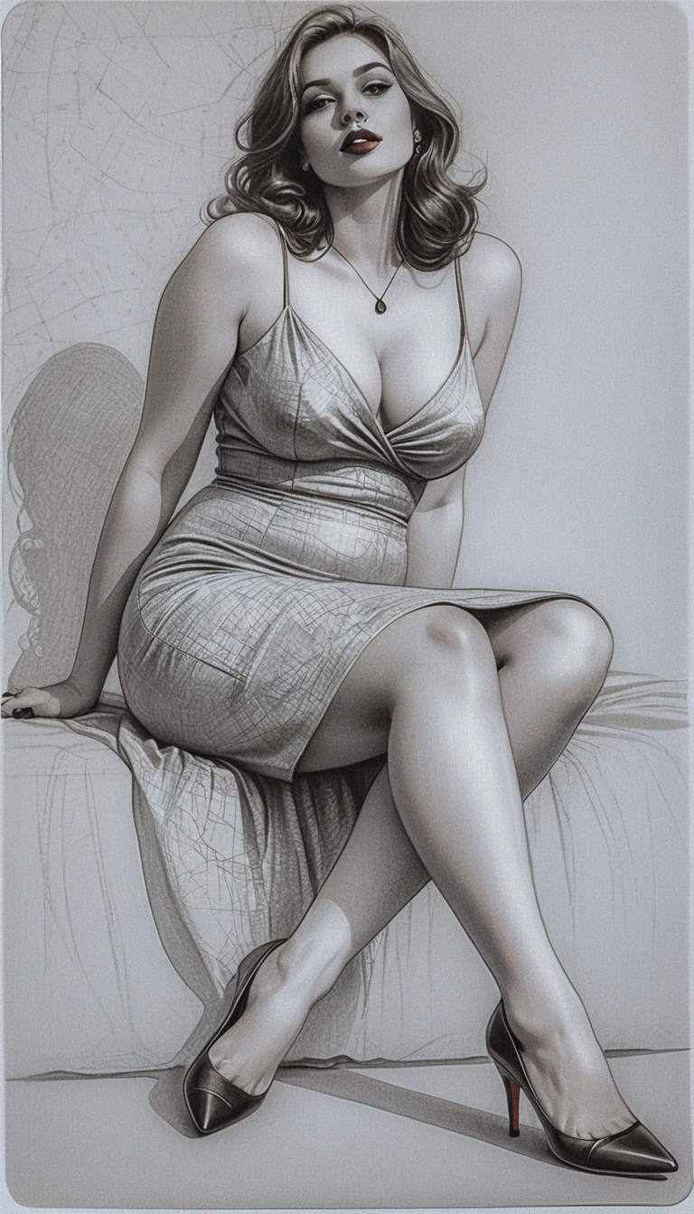 Curvy pin up woman in satin dress on white armchair