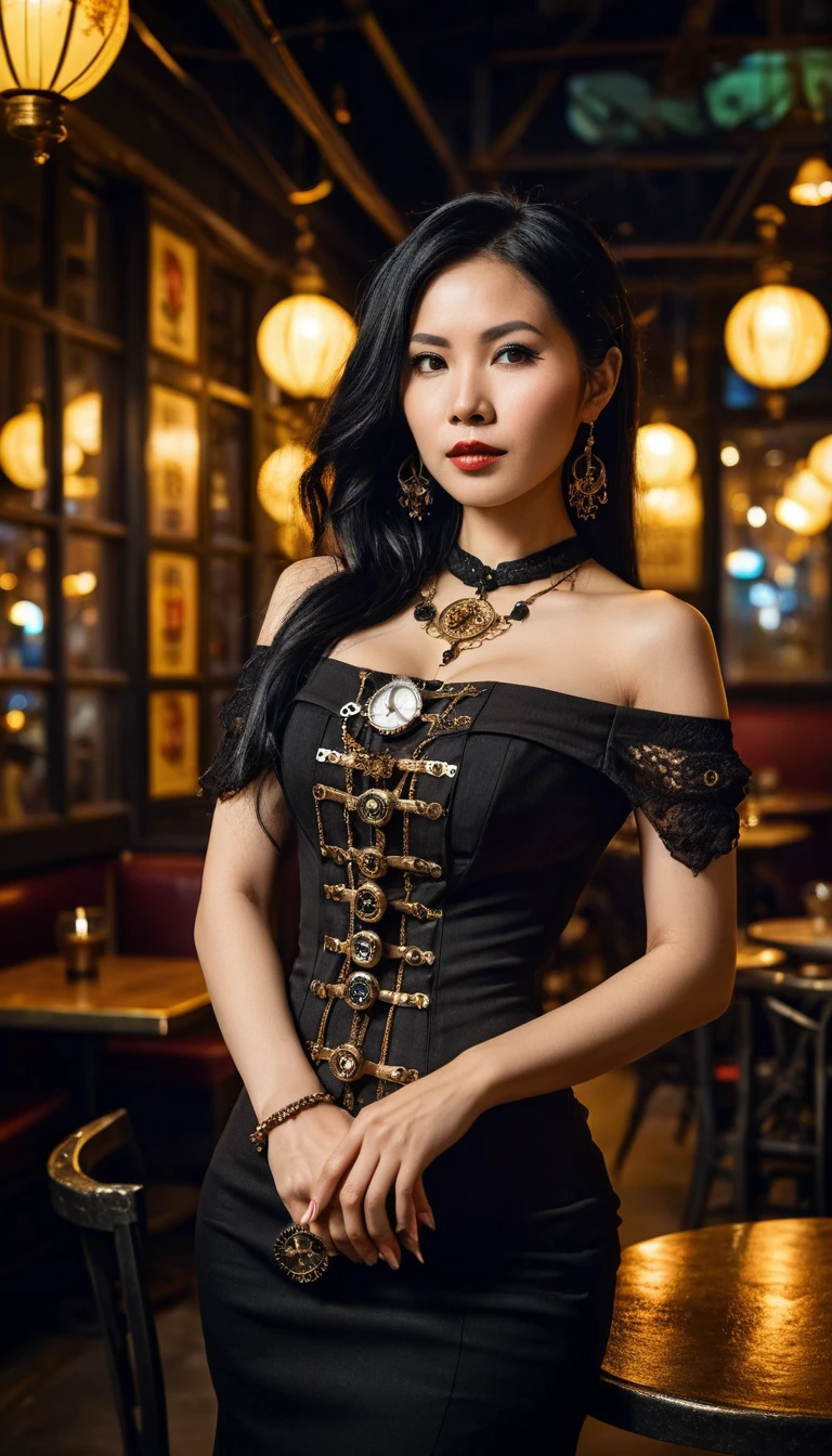 Femme vietnamienne en robe steampunk dans un restaurant de nuit