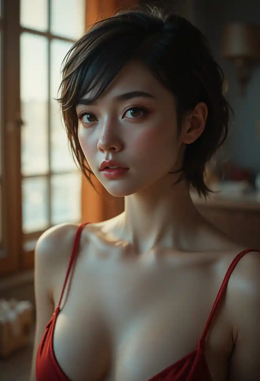 붉은 새틴 드레스를 입은 젊은 여성의 시네마틱 초상