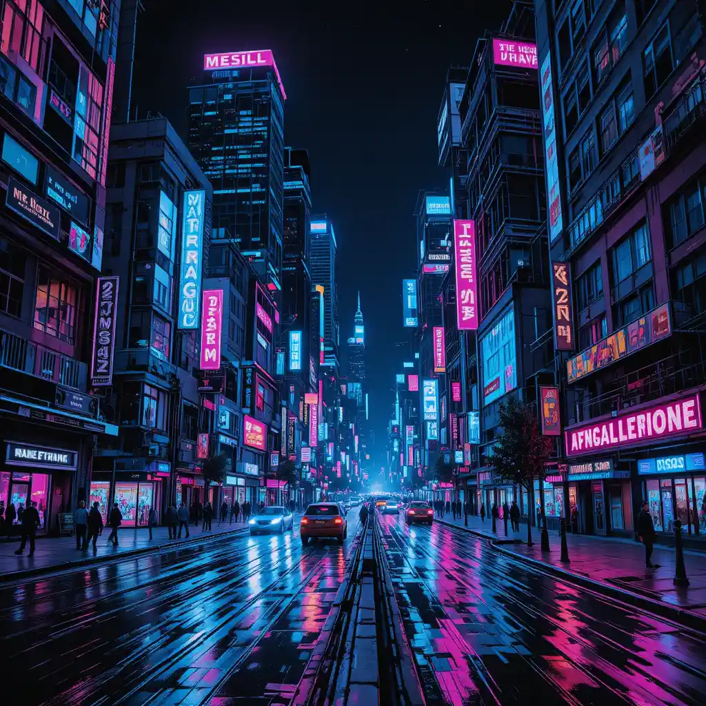 Thermal style night cityscape with bold linear skyscrapers