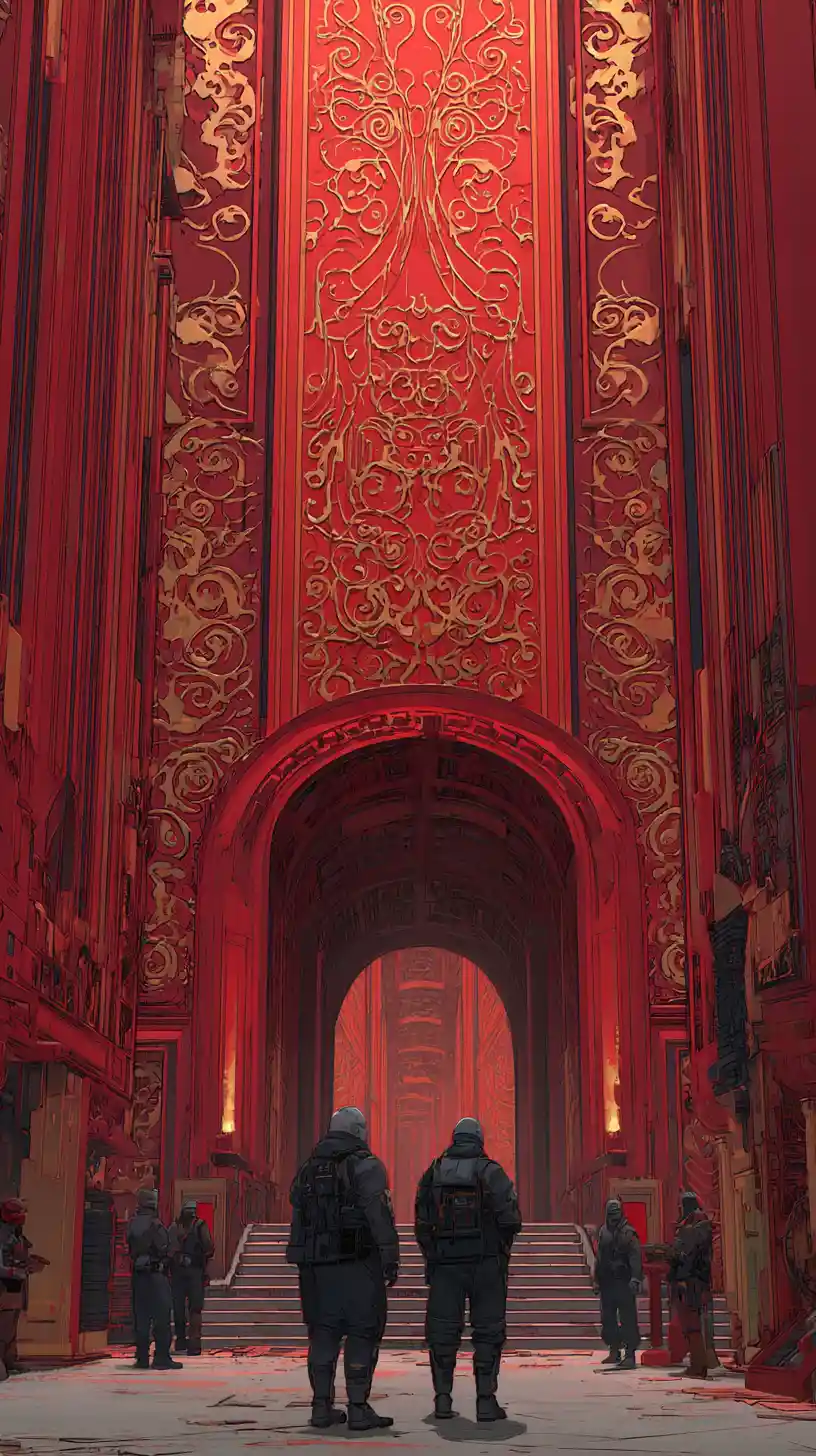 Cyberpunk guards in a surreal golden palace interior