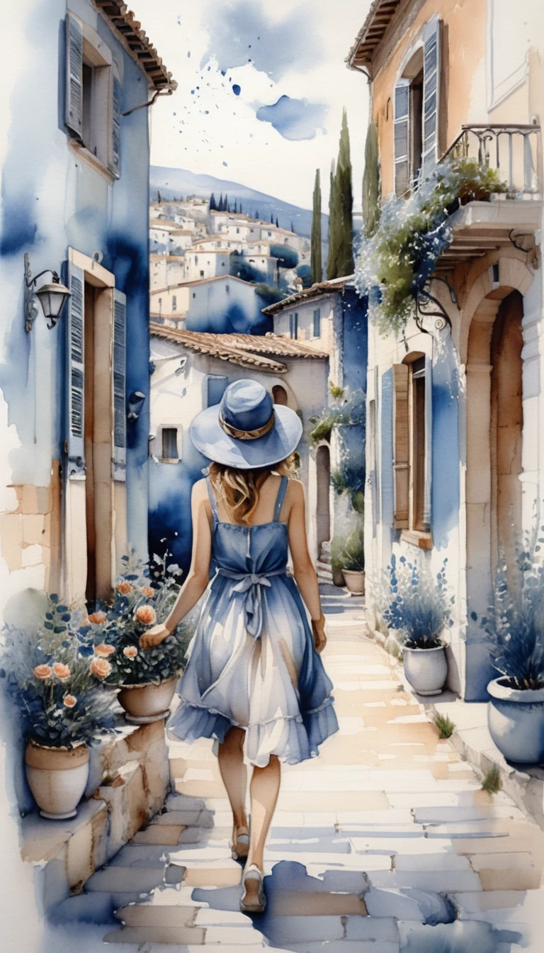 Young woman walking in a sunlit Mediterranean alley