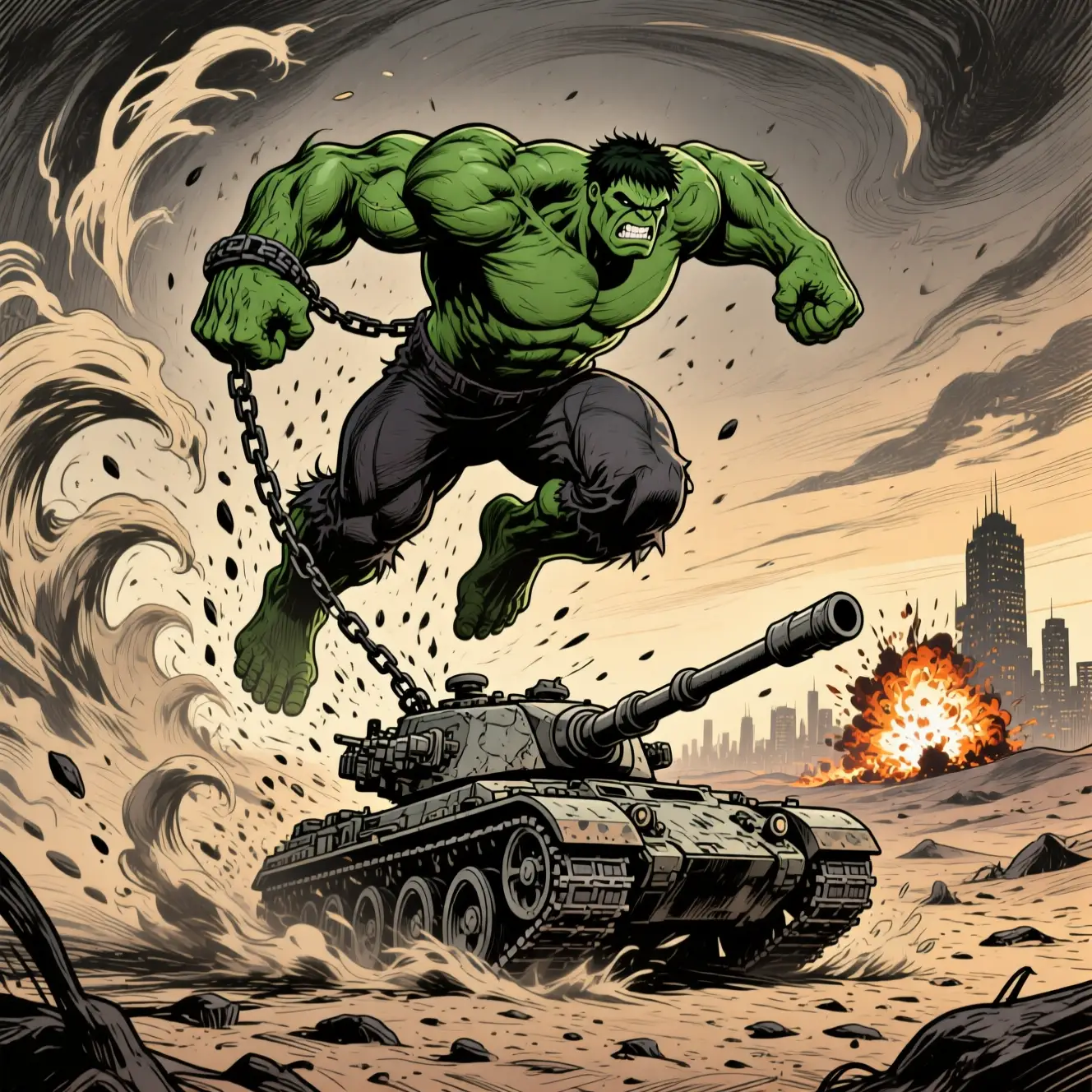 Hulk écrasant un tank dans une tempête de désert dystopique