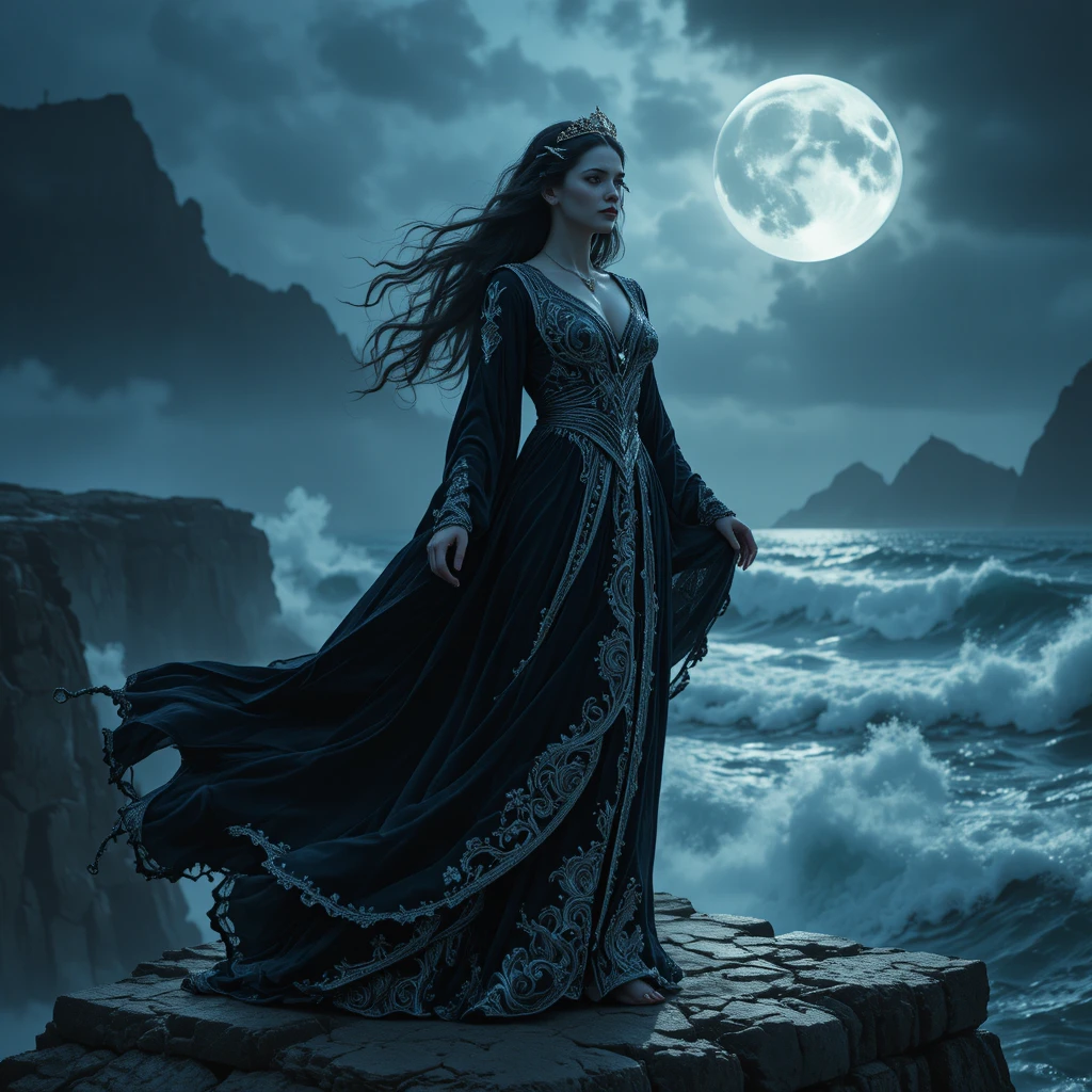 Regal goddess on a stormy sea cliff in moonlit robes