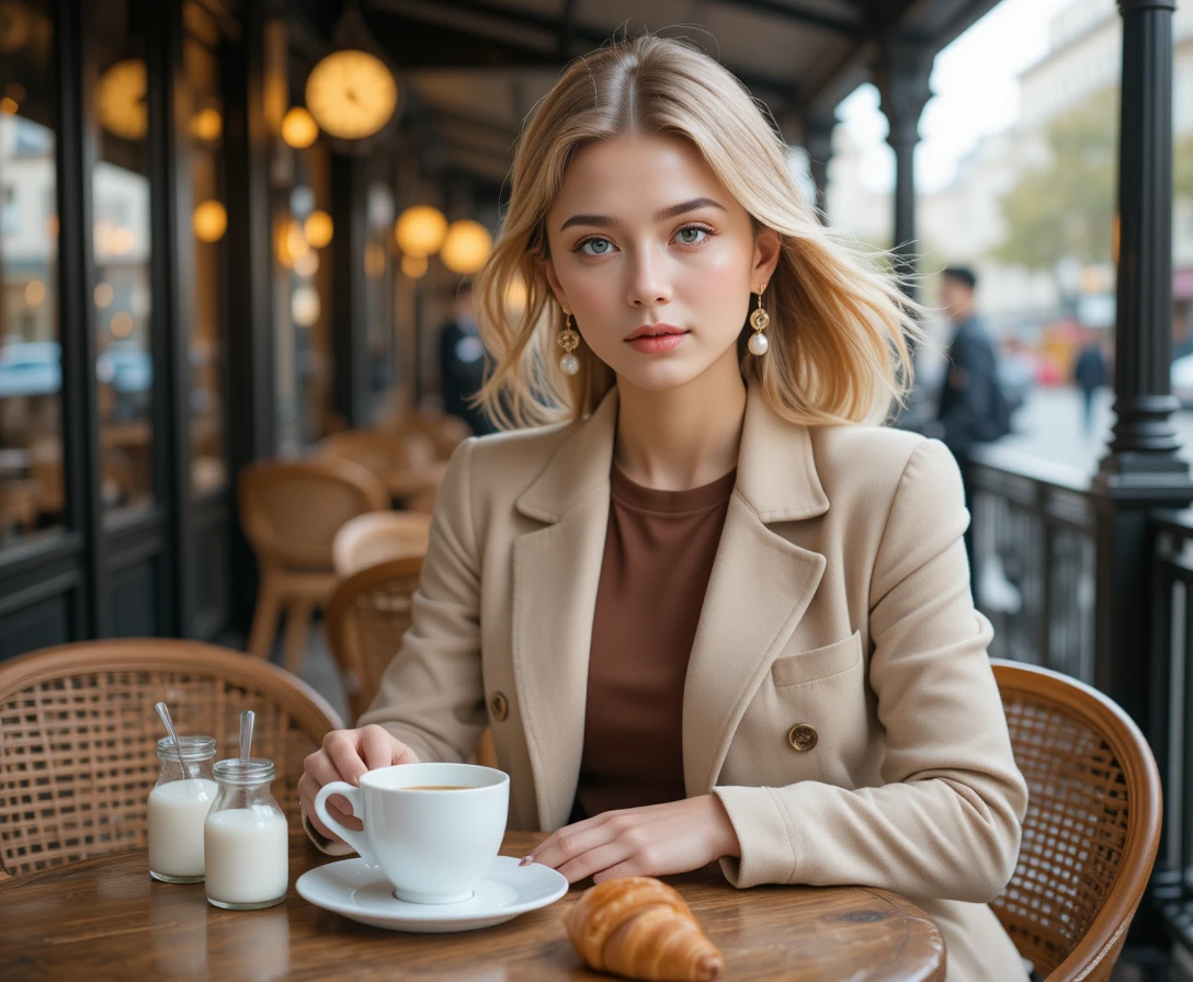Elegant woman with coffee at an outdoor parisian style cafe