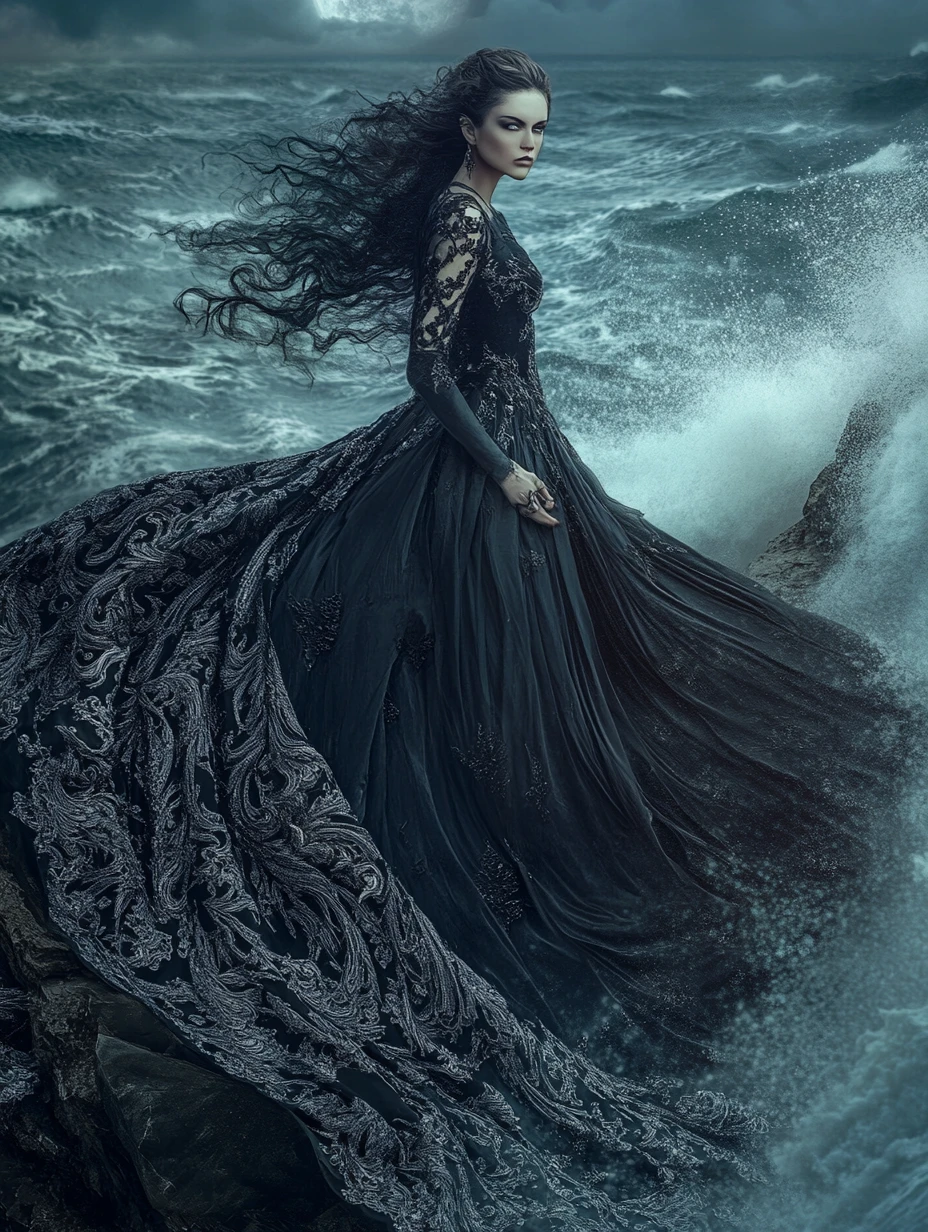 Déesse au clair de lune sur une falaise au-dessus d’une mer déchaînée, en robes sombres