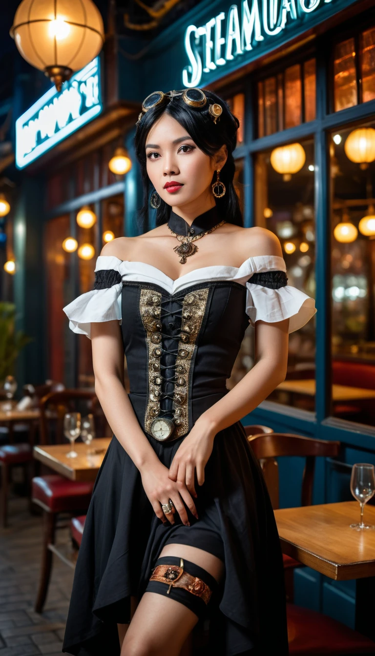 Donna vietnamita in abito steampunk in un ristorante notturno