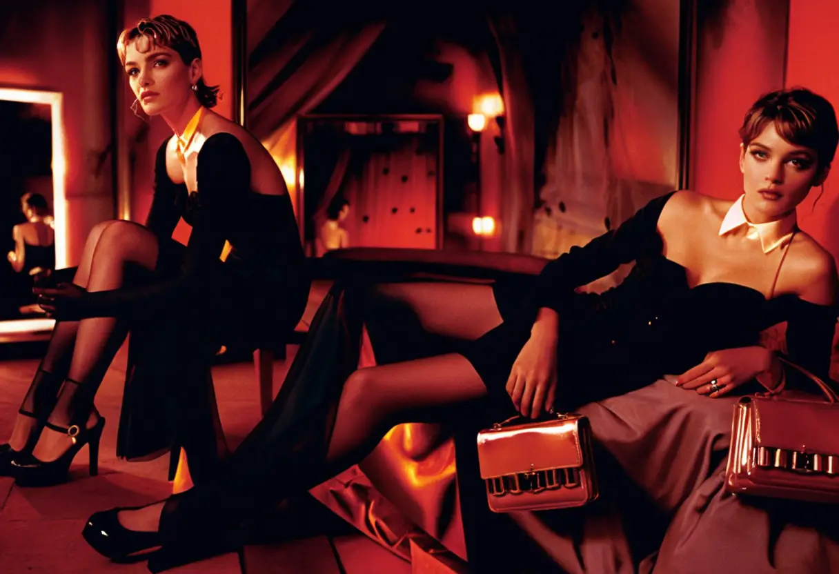 Women in red couture posing in mirrored fashion room