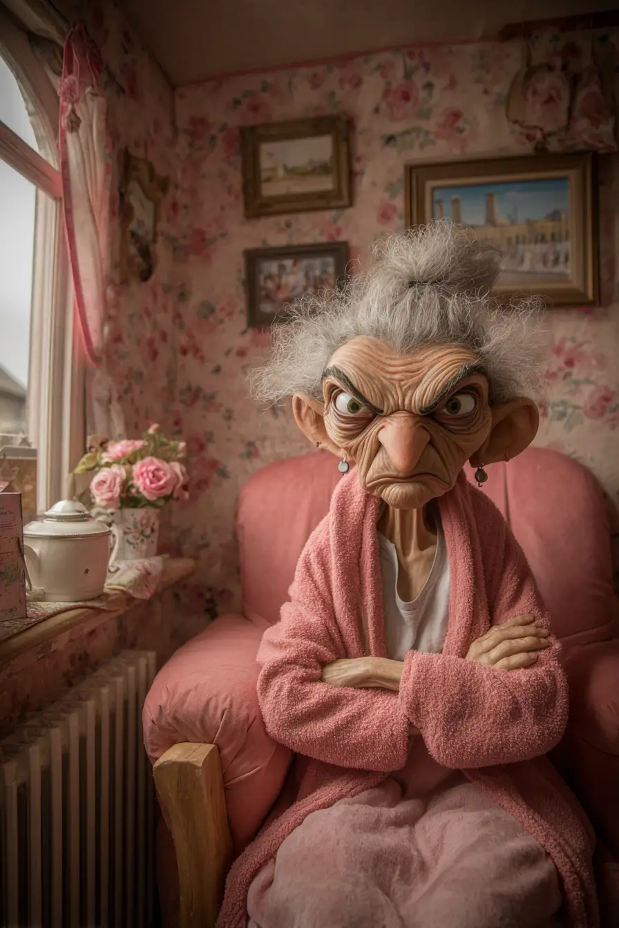 Angry old woman in a pink armchair at night