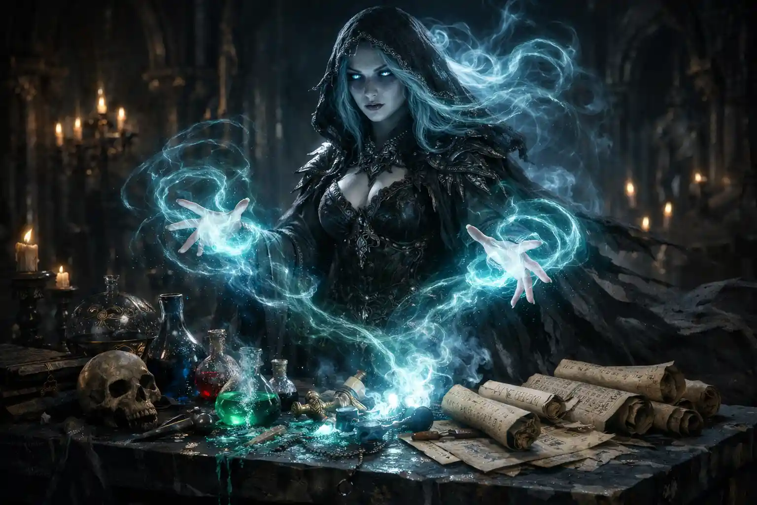 Spectral sorceress summoning magic in a gothic chamber