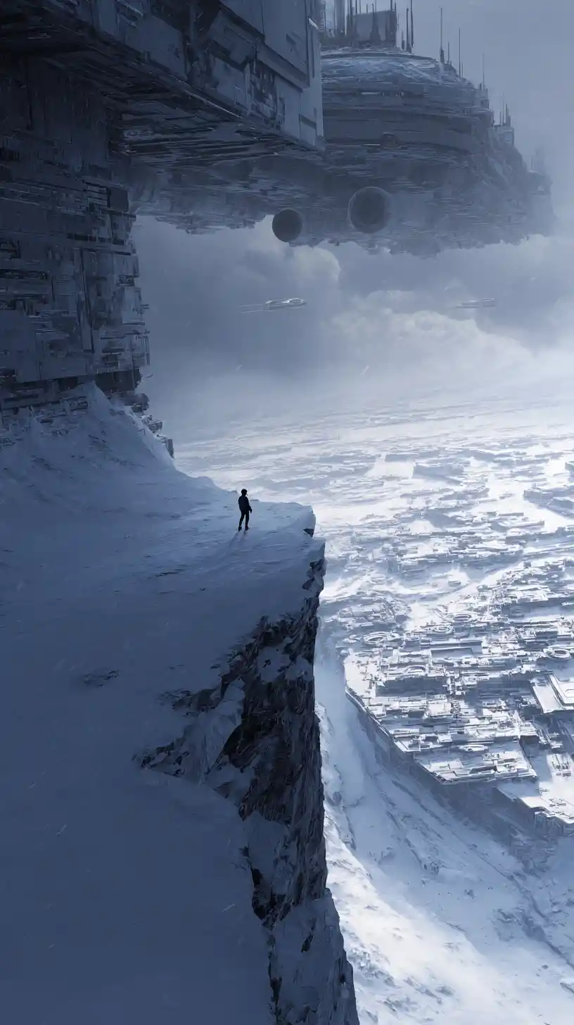Lone figure on snowy cliff above frozen sci fi megacity