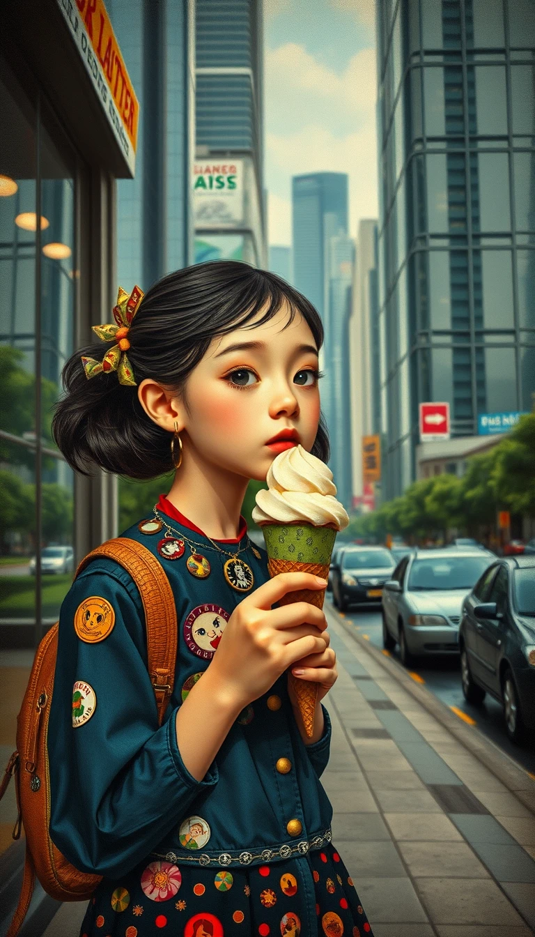 奇幻城市景中買冰淇淋的少女
