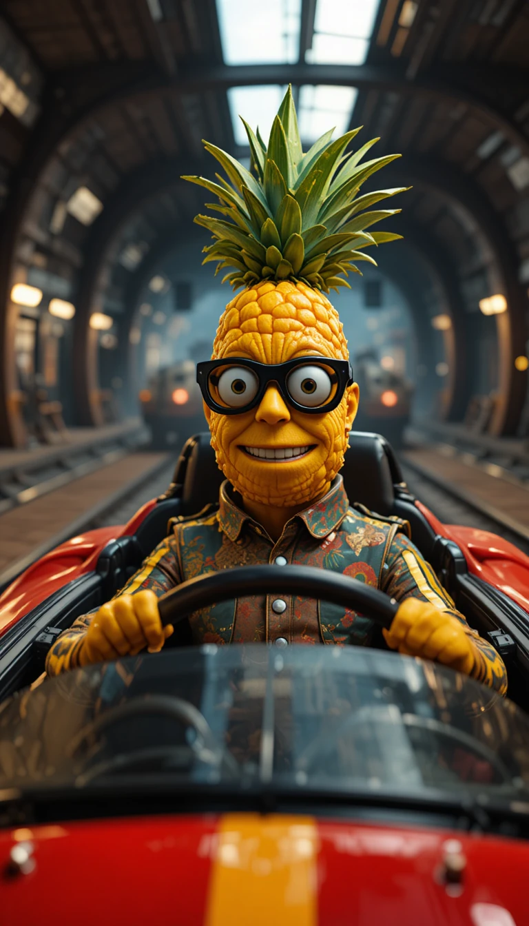 Pineapple character dressed as rapper in a sleek sports car