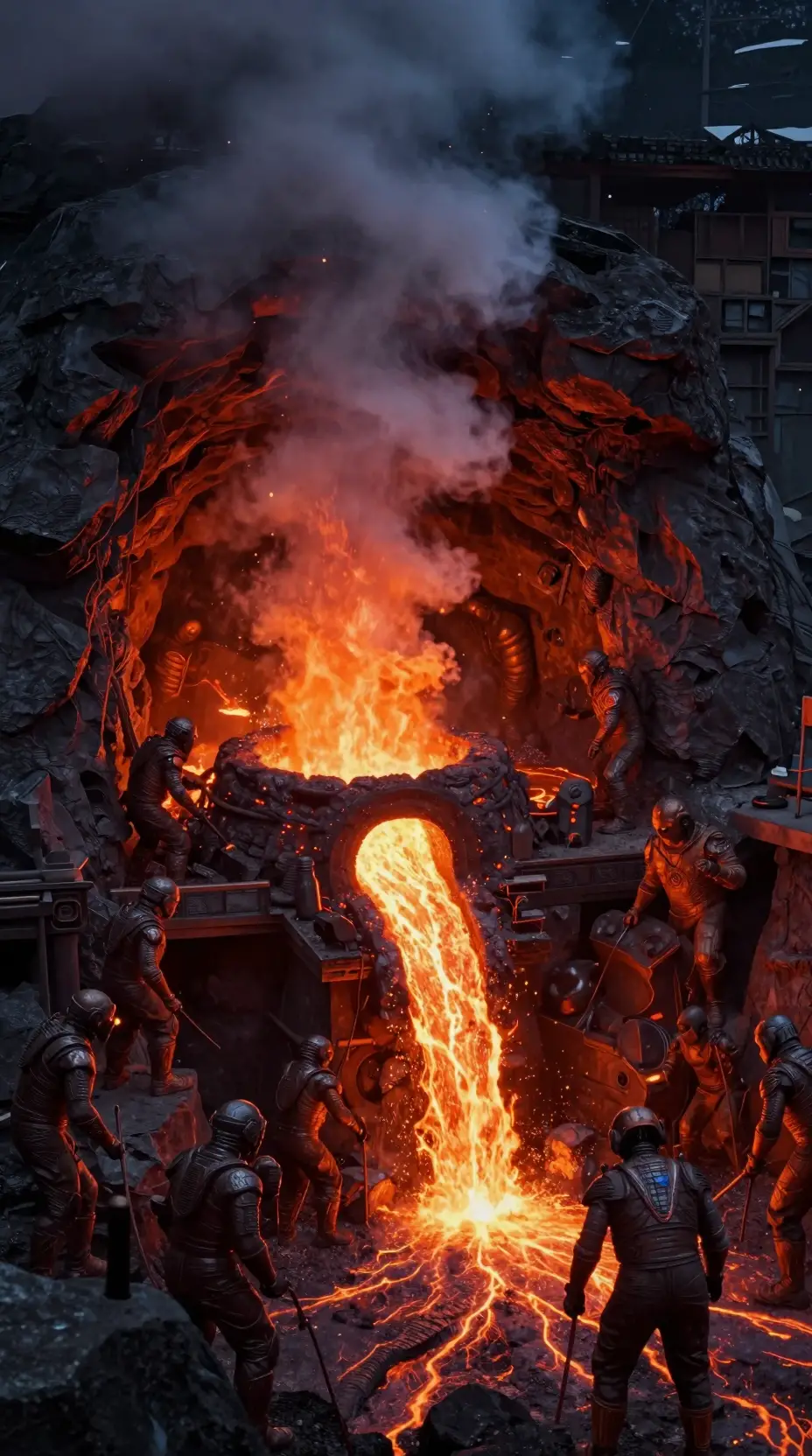 Autómatas de lava trabajando en una forja colosal dentro de cavernas volcánicas