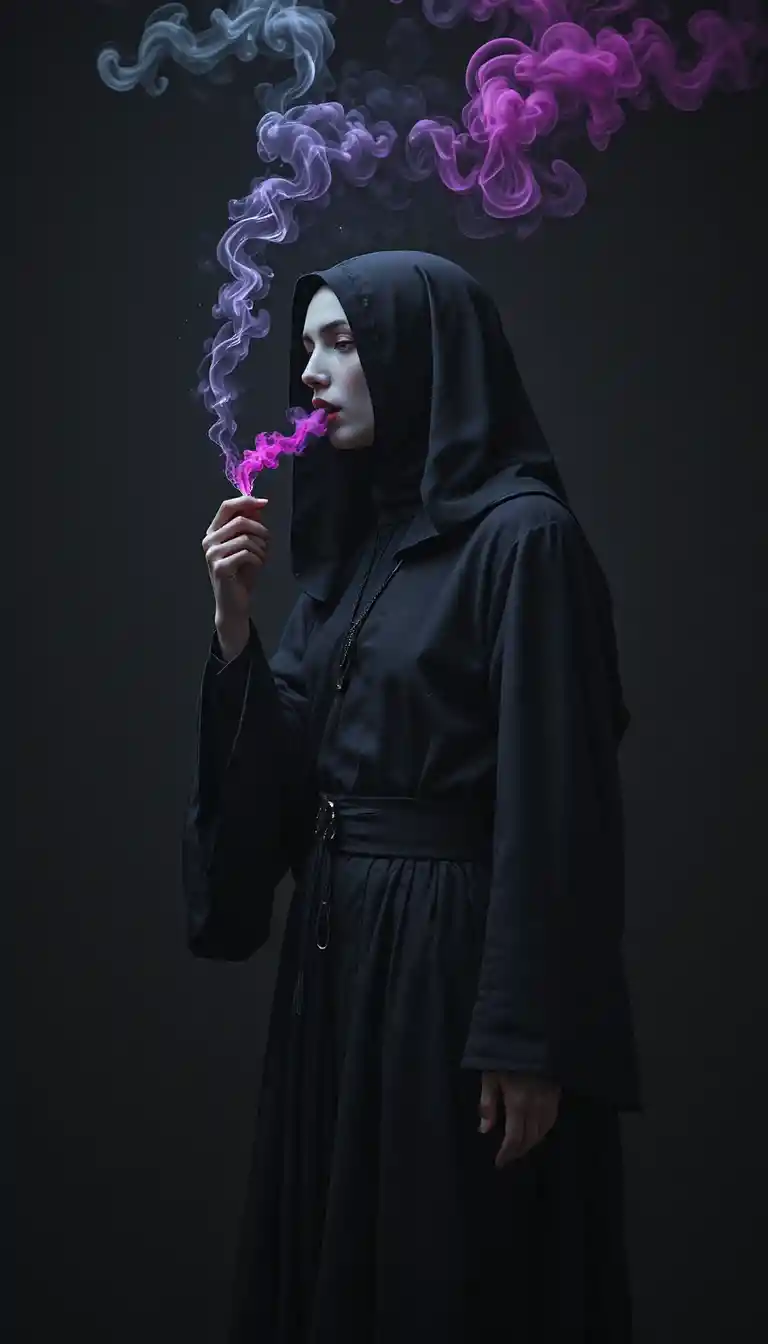 Monastic figure with neon skull smoke on black background