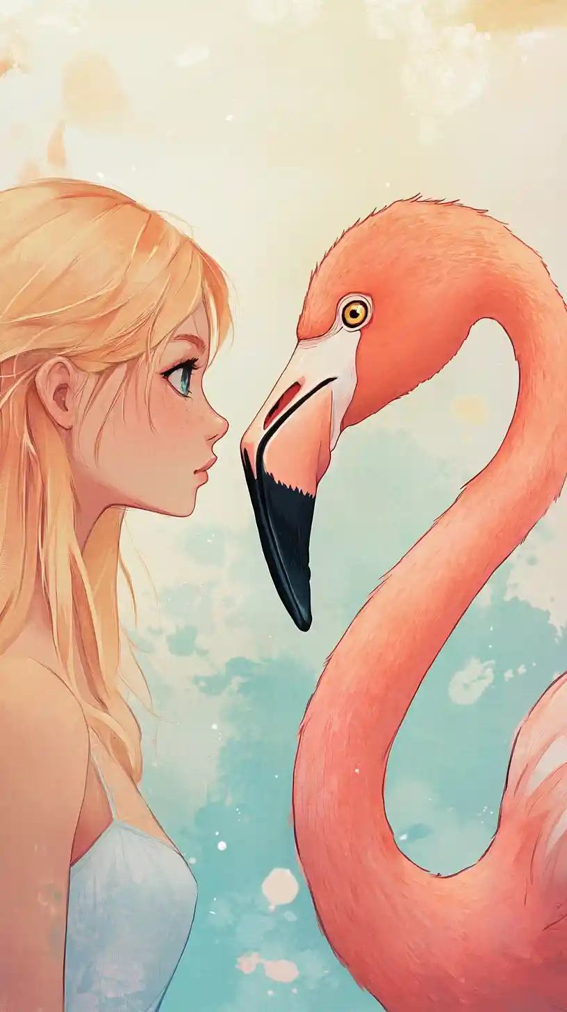Dreamy girl and flamingo in soft fantasy painting