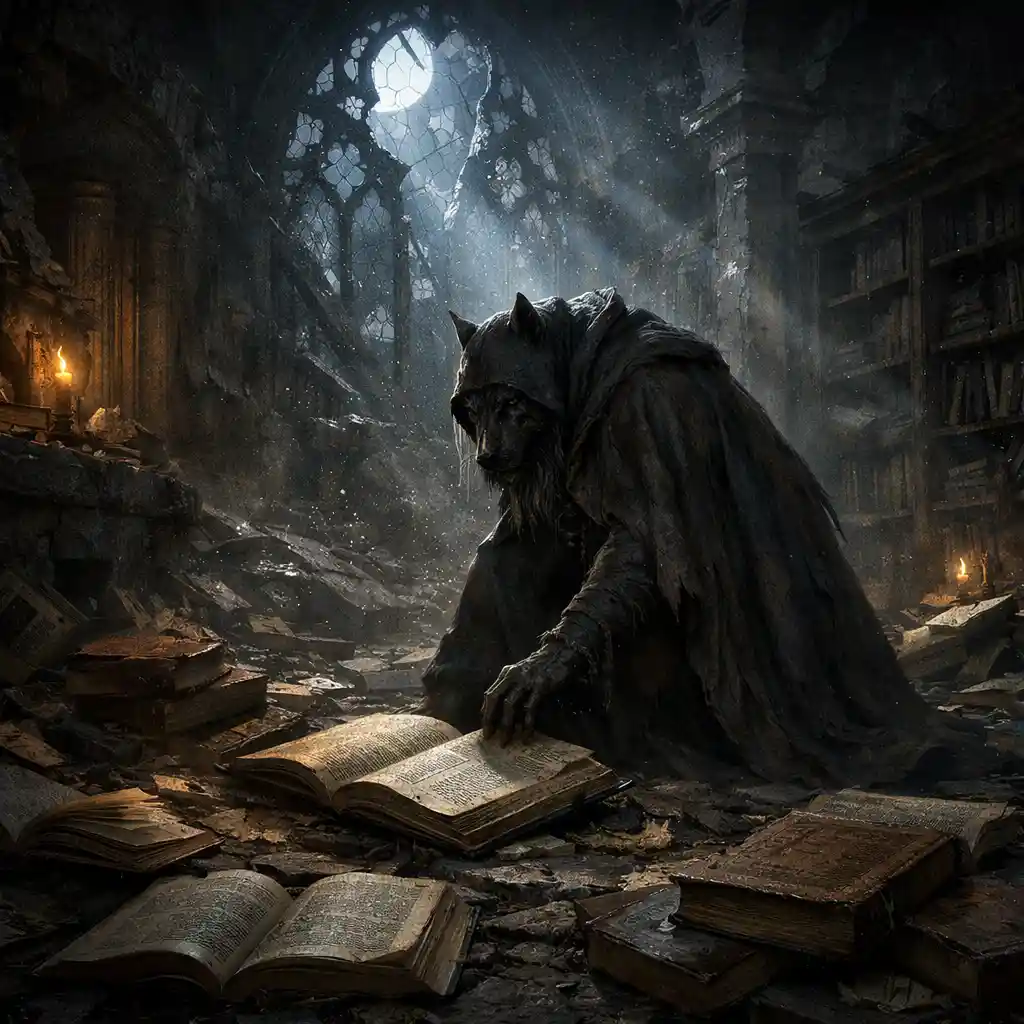 Cloaked werewolf in ruins of an ancient moonlit library