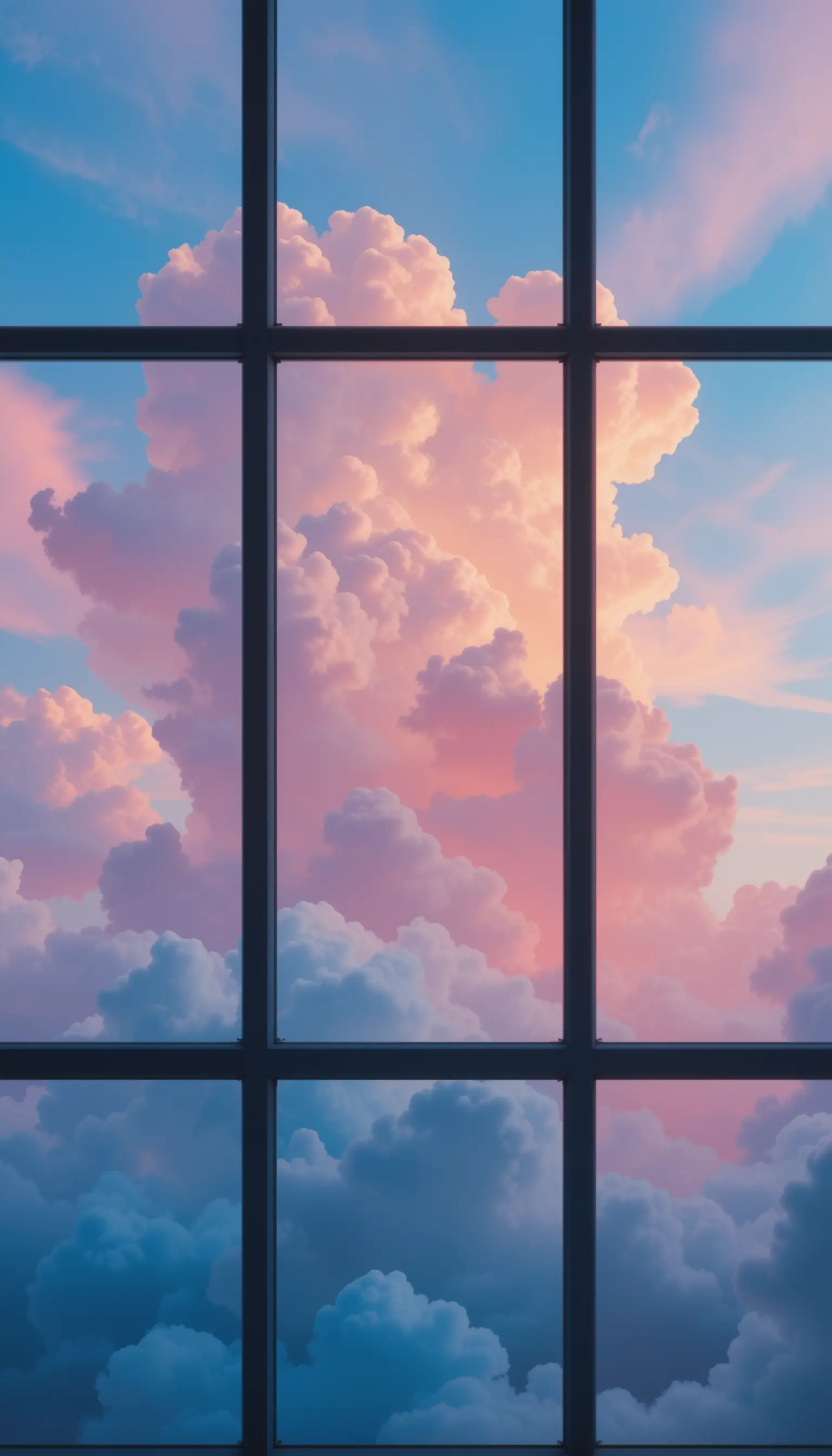 Colorful clouds drifting across a gridded sky window