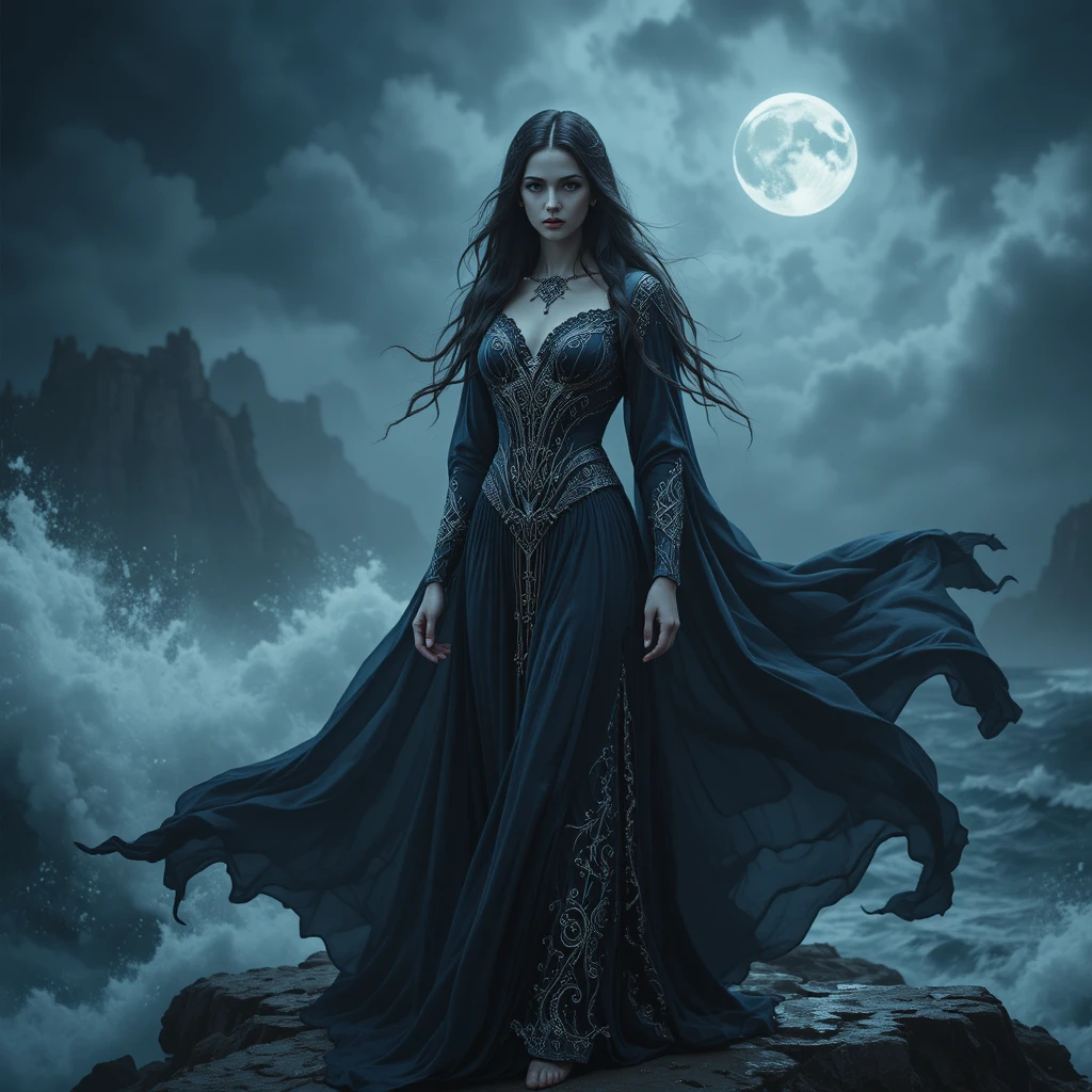 Moonlit goddess on cliff above a raging stormy sea
