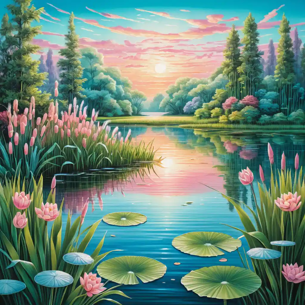 Surreal Sunrise Lake With Cattails And Pastel Summer Colors