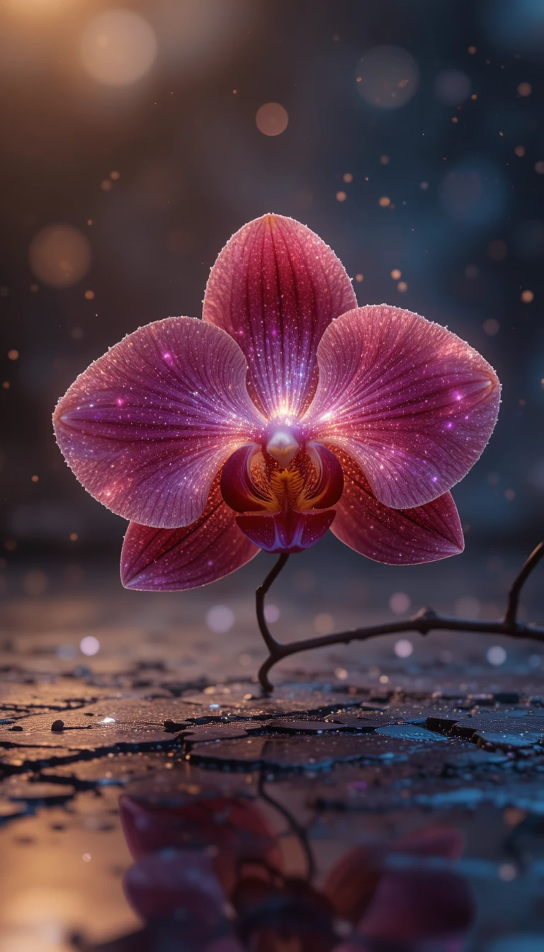 Luminous orchid glowing on reflective obsidian surface