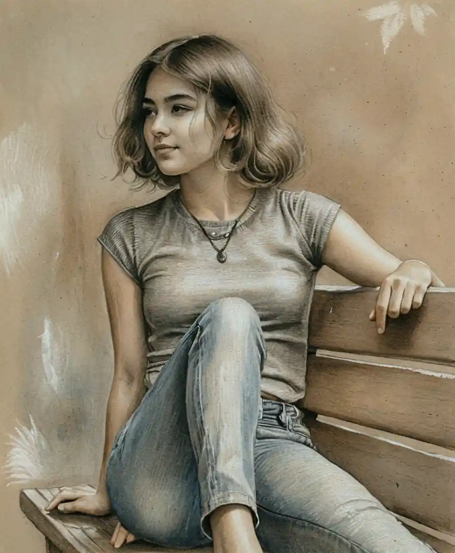 Young woman sitting sideways on a wooden park bench