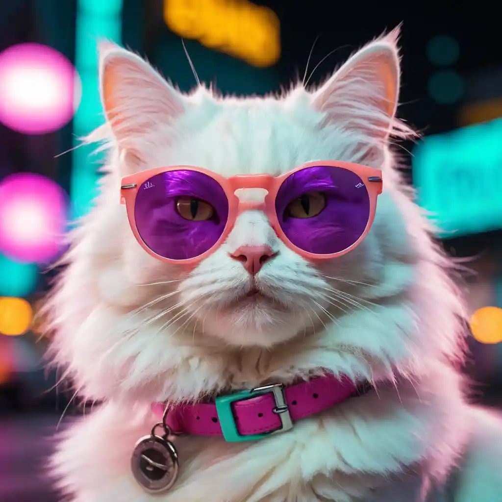 Gatto bianco alla moda che fa bolle di gomma da masticare nella notte al neon della città