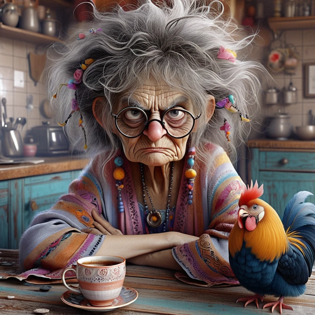 Angry elderly woman in a pink armchair at night