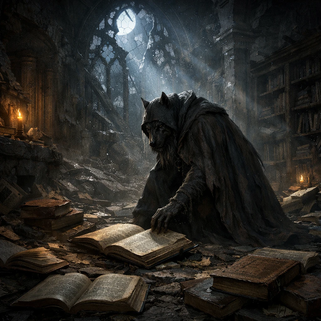 Hombre lobo encapuchado en las ruinas de una antigua biblioteca iluminada por la luna