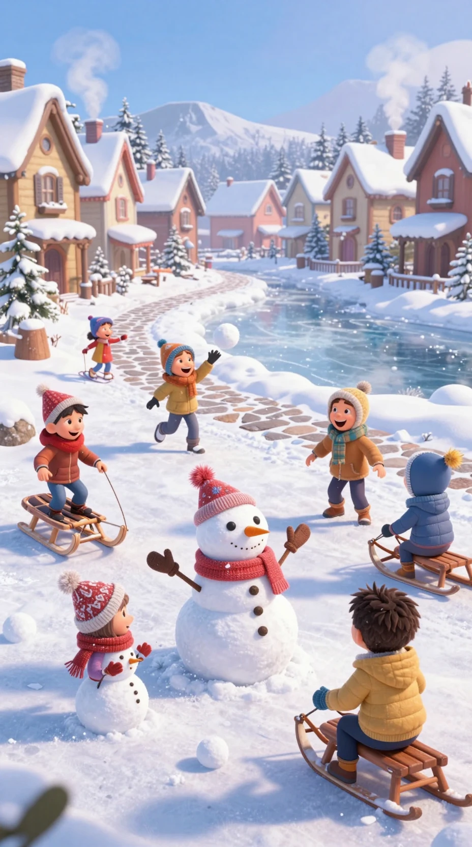 Children playing in a snowy village winter wonderland