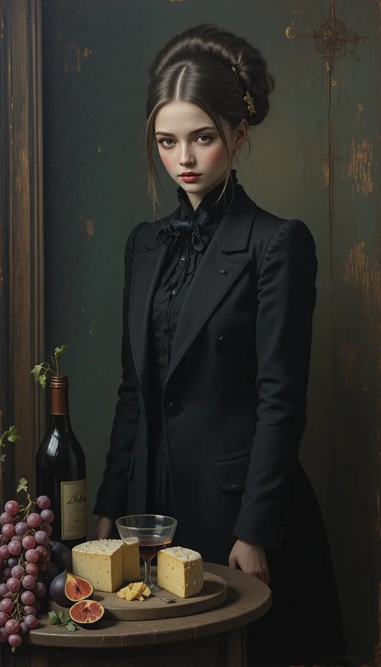Stylish girl in black beside wine and fruit still life