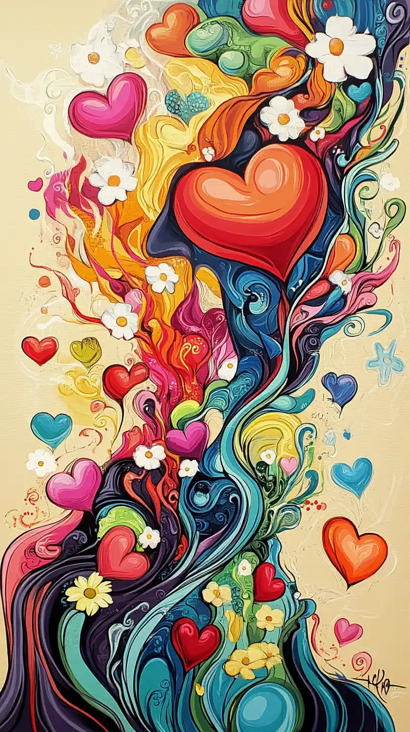 Histoire d’amour naïve avec des cœurs au‑dessus de la mer au coucher du soleil
