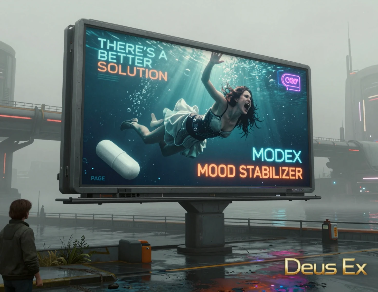 Cyberpunk waterfront billboard with underwater screaming woman