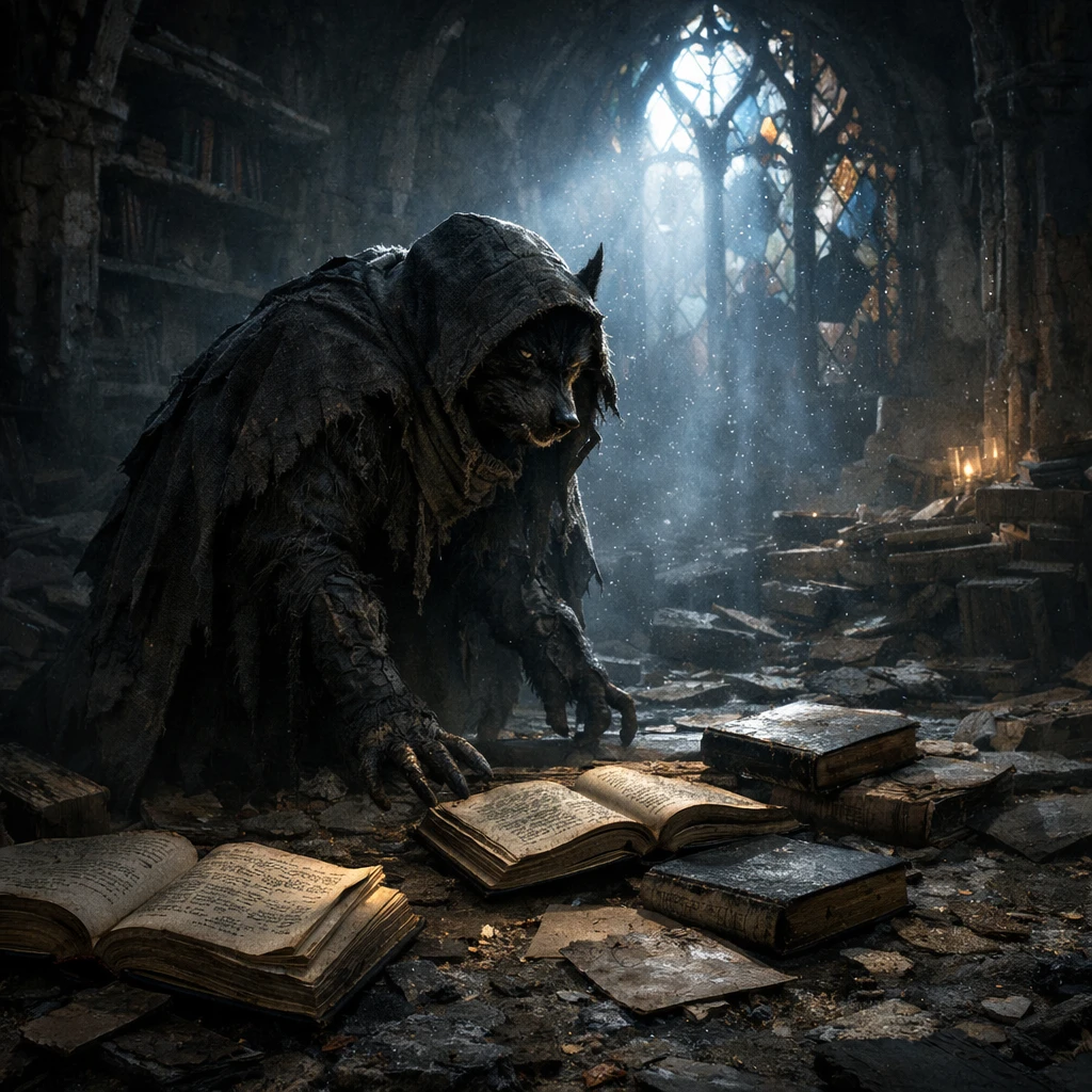 Cloaked werewolf in ruins of an ancient moonlit library